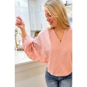 Pink Shirt Women's Size Small Floral Eyelet Lace Relaxed Fit Bohemian Top NEW